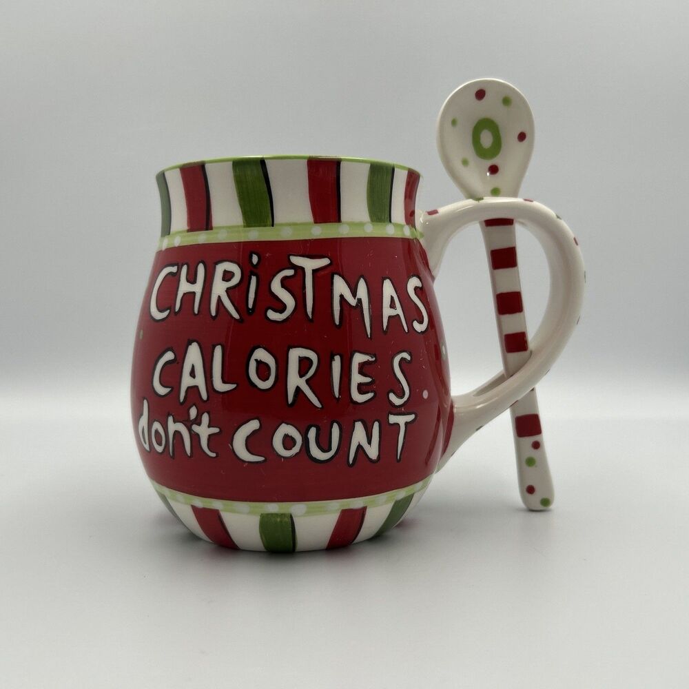 Cracker Barrel Mingle & Jingle Christmas Calories Don't Count 24 oz Mug & Spoon